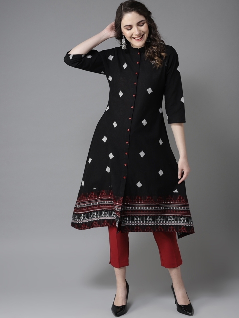 

HERE&NOW Women Black & Off-White Woven Design A-Line Kurta