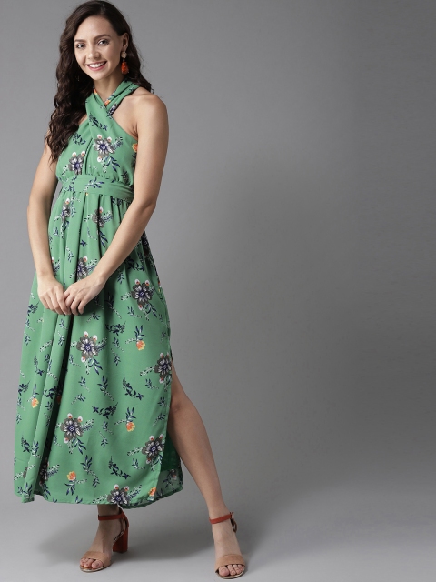 

HERE&NOW Women Green & Blue Floral Printed Halter Neck Maxi Dress