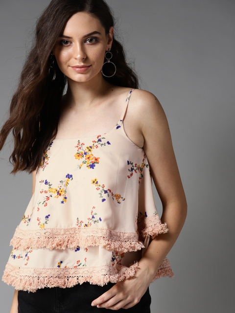 

HERE&NOW Women Peach-Coloured Floral Printed Layered A-Line Top