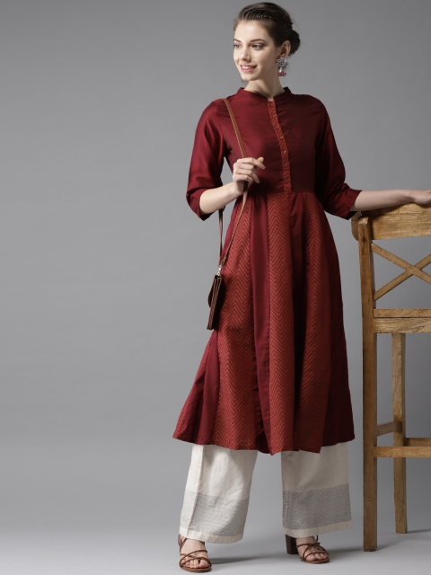 

HERE&NOW Women Maroon & Mustard Yellow Woven Design Anarkali Kurta