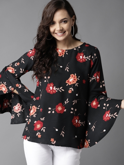

HERE&NOW Women Black & Red Floral Printed Top
