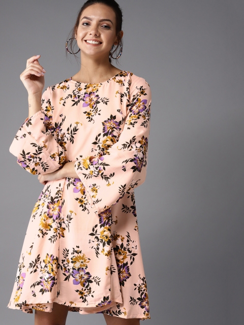 

HERE&NOW Women Peach-Coloured & Black Floral Printed A-Line Dress