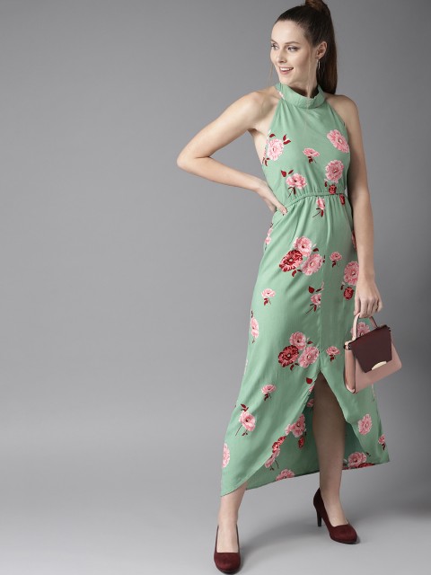 

HERE&NOW Women Green & Pink Floral Printed Maxi Dress