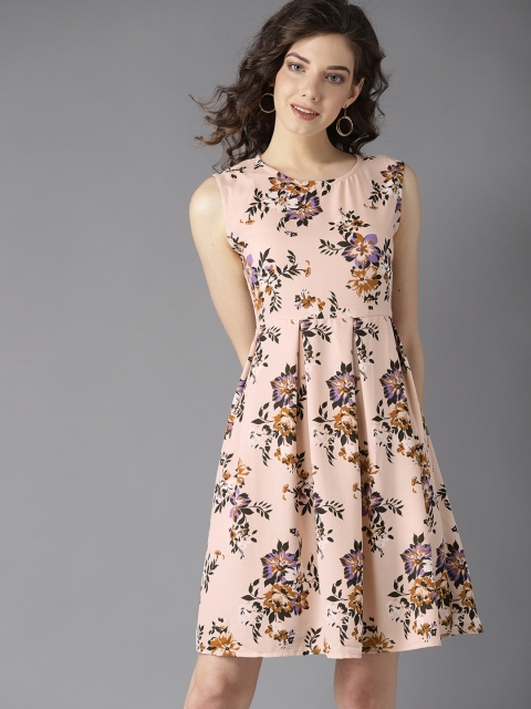 

HERE&NOW Women Peach-Coloured & Black Floral Printed Fit & Flare Dress