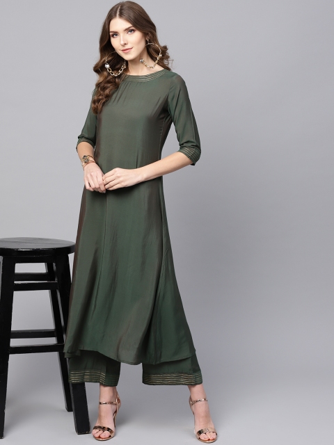 

Indo Era Women Olive Green Solid Kurta with Palazzos