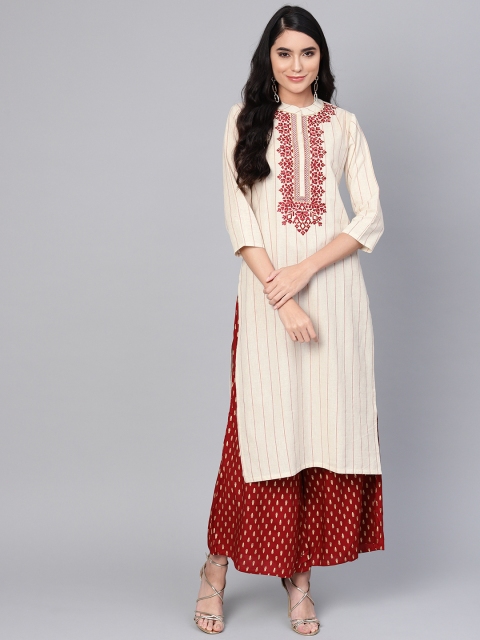 

Indo Era Women Cream-Coloured & Maroon Striped Straight Kurta