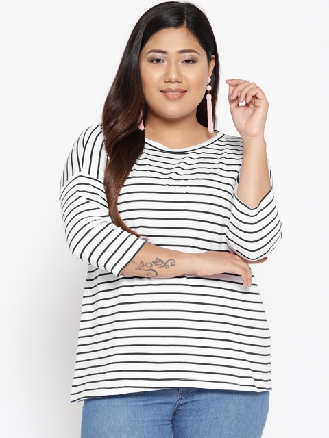 

The Pink Moon Plus Size Women White Navy Blue Striped Round Neck T-shirt