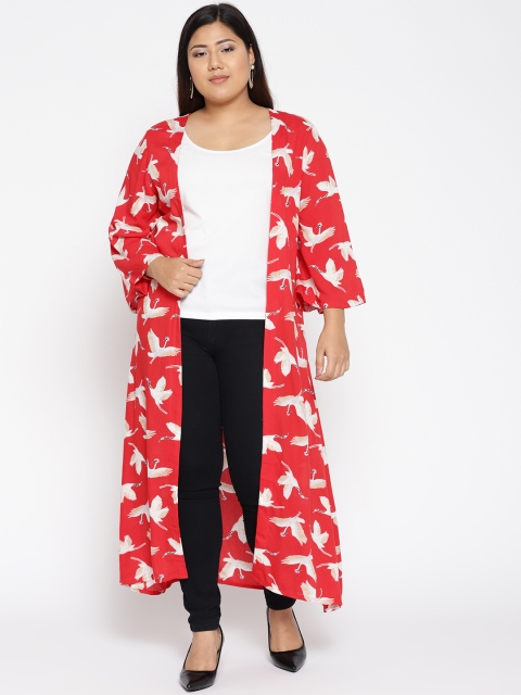 

The Pink Moon Plus Size Women Red Off-White Printed Open Front Longline Shrug