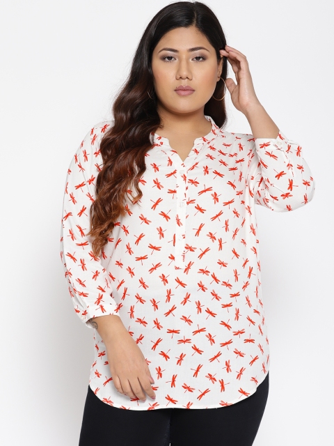 

The Pink Moon Plus Size Women White Orange Dragonfly Print Shirt Style Top