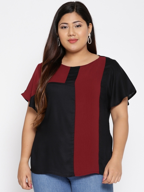 

The Pink Moon Plus Size Women Black Maroon Colourblocked Top