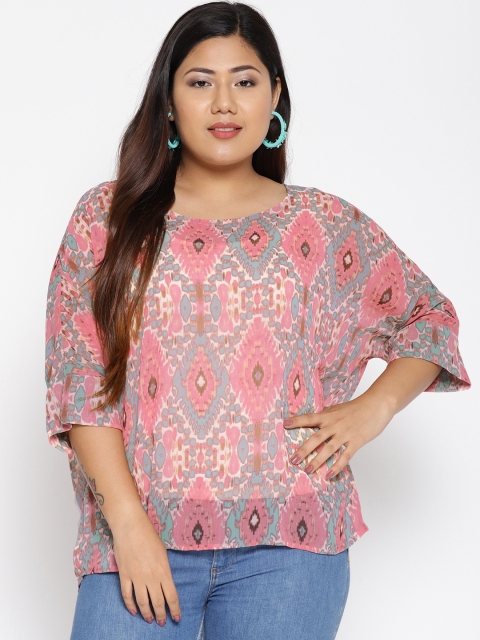 

The Pink Moon Plus Size Women Pink Green Printed Top