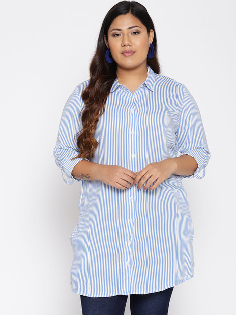 

The Pink Moon Plus Size Women White Blue Regular Fit Striped Casual Shirt