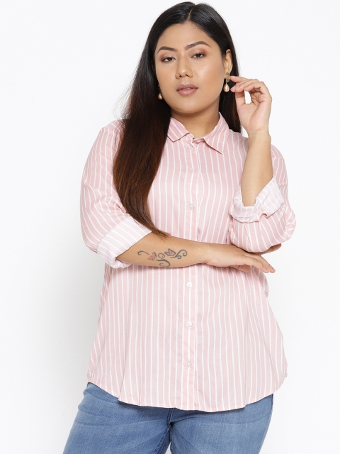 

The Pink Moon Plus Size Women Pink White Striped Casual Shirt