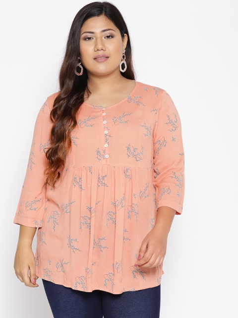 

The Pink Moon Plus Size Women Peach-Coloured Black Printed Top