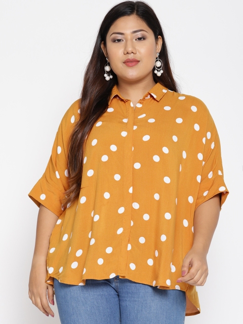 

The Pink Moon Plus Size Women Mustard Yellow White Regular Fit Printed High-Low Casual Shirt