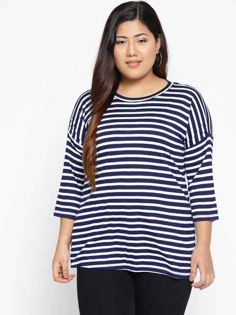 

The Pink Moon Plus Size Women White Navy Blue Striped Round Neck T-shirt