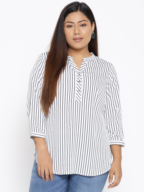 

The Pink Moon Plus Size Women White Black Striped Shirt Style Top