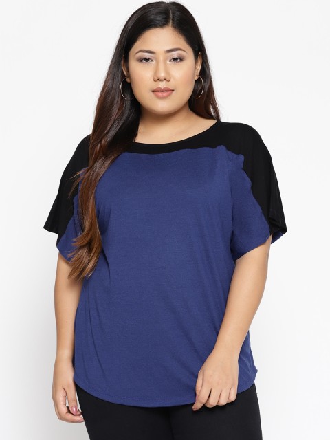 

The Pink Moon Plus Size Women Navy Blue Colourblocked Round Neck T-shirt