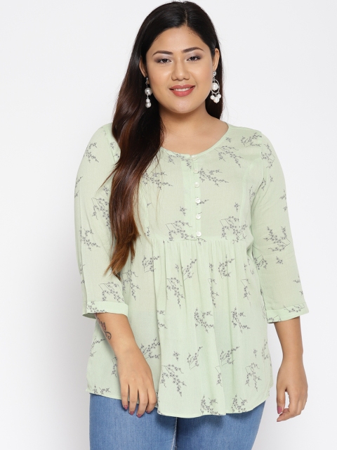 

The Pink Moon Plus Size Women Sea Green Charcoal Grey Floral Print A-Line Top