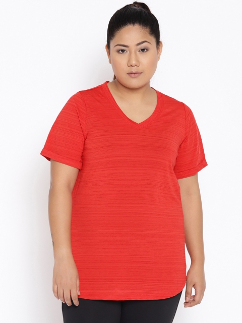 

The Pink Moon Plus Size Women Red Self-Striped V-Neck Sports T-shirt