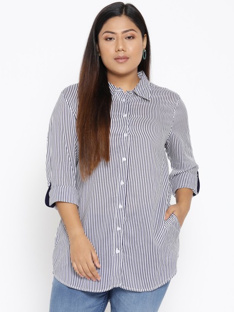 

The Pink Moon Plus Size Women White Navy Striped Longline Shirt