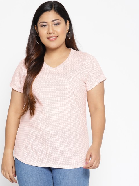 

The Pink Moon Plus Size Women Peach-Coloured Self Design V-Neck T-shirt
