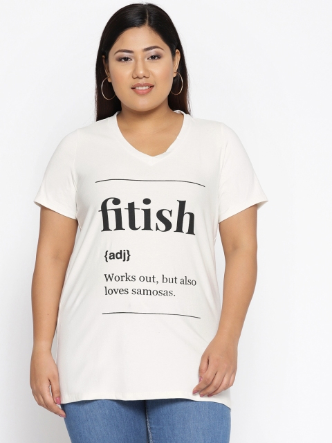 

The Pink Moon Plus Size Women Off-White Black Printed V-Neck T-shirt