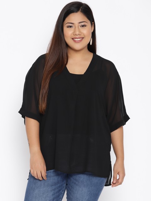 

The Pink Moon Plus Size Women Black Solid Semi-Sheer Top