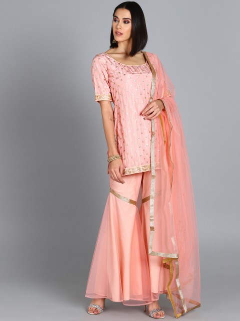 

Bollywood Vogue Women Pink Self-Design Made to Measure Kurti with Palazzos
