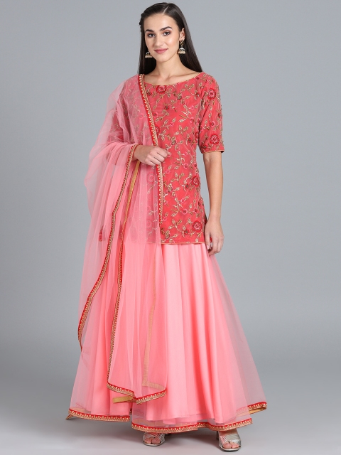 

EthnoVogue Women Beige & Pink Embroidered Kurti with Palazzos