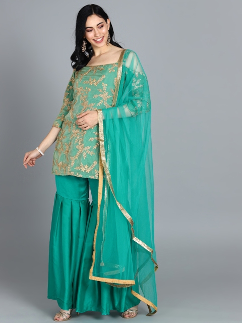 

EthnoVogue Women Teal Green & Beige Embroidered Kurti with Sharara & Dupatta