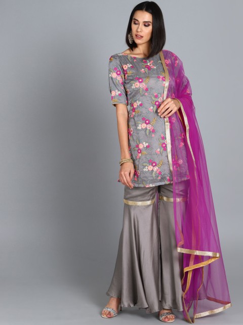 

Bollywood Vogue Women Grey & Purple Embroidered Kurti with Sharara & Dupatta