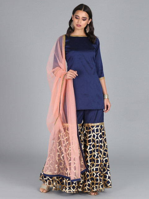 

Bollywood Vogue Women Navy Blue & Peach Made to Measure Custom Made Kurta Set