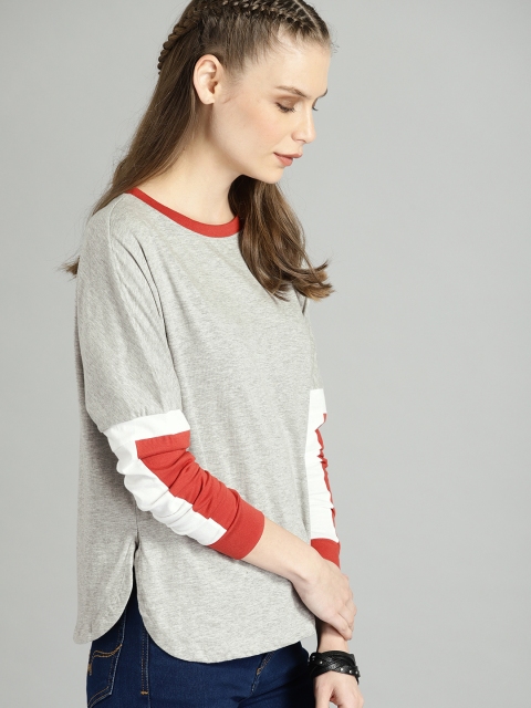 

Roadster Women Grey Melange & Coral Orange Solid Round Neck T-shirt