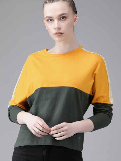 

Roadster Women Mustard Yellow & Green Colourblocked Round Neck T-shirt