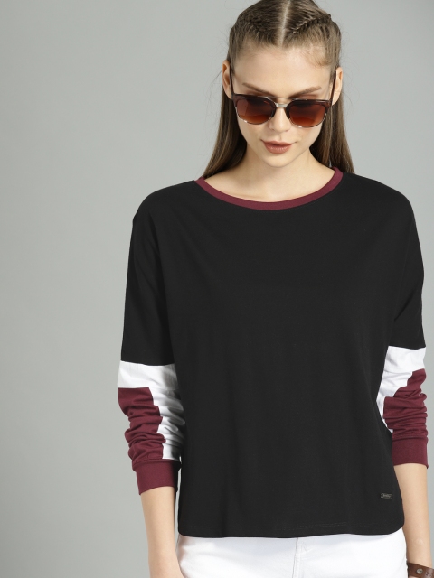 

Roadster Women Black Solid Round Neck Knitted Pure Cotton T-shirt