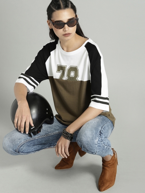 

Roadster Women Olive Green & White Printed Round Neck T-shirt