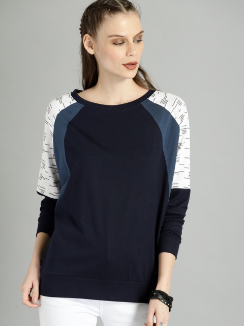 

Roadster Women Navy Blue & White Colourblocked Round Neck T-shirt