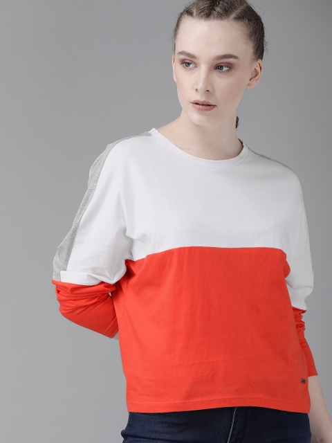 

Roadster Women White & Orange Colourblocked Round Neck T-shirt