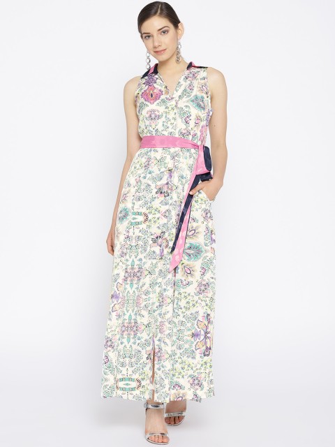 

NIZA Women White & Green Printed Shirt Maxi Dress