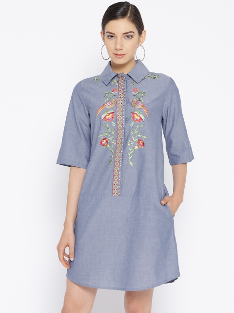 

NIZA Women Blue Embroidered Denim Shirt Dress