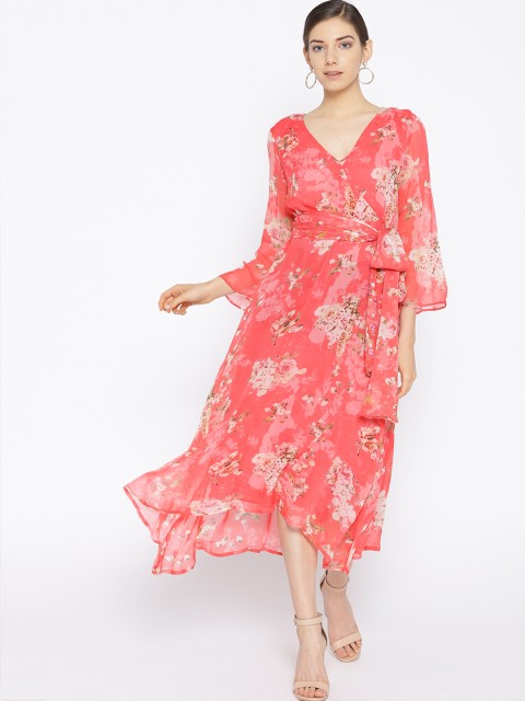 

NIZA Women Coral Orange & Off-White Printed Wrap Dress