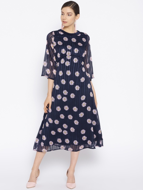 

NIZA Women Navy Blue & Pink Printed Empire Dress