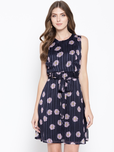

NIZA Women Navy Blue & Pink Floral Print Fit & Flare Dress