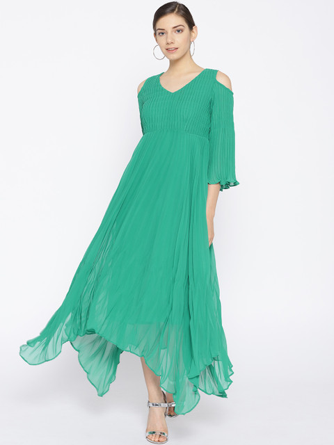 

NIZA Women Green Solid Pleated Cold-Shoulder Maxi Dress