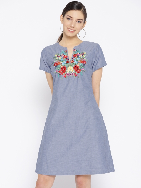 

NIZA Women Blue Solid Denim A-Line Dress