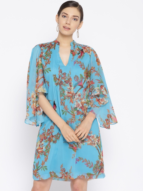 

NIZA Women Blue & Orange Printed A-Line Dress