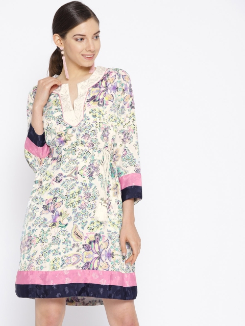 

NIZA Women White & Green Printed A-Line Dress