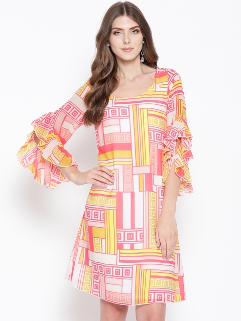 

NIZA Women Coral Pink & Yellow Printed A-Line Dress