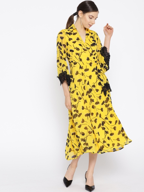 

NIZA Women Yellow & Black Printed Wrap Dress